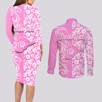 Custom Hawaii Kauai Island Couples Matching Long Sleeve Bodycon Dress and Long Sleeve Button Shirts Hibiscus Pattern Seamless Tribal Simple Pink LT03 - Polynesian Pride