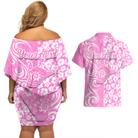 Custom Hawaii Kauai Island Couples Matching Off Shoulder Short Dress and Hawaiian Shirt Hibiscus Pattern Seamless Tribal Simple Pink LT03 - Polynesian Pride