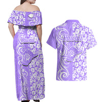 Hawaii Kauai Island Couples Matching Off Shoulder Maxi Dress and Hawaiian Shirt Hibiscus Pattern Seamless Tribal Simple Purple LT03 - Polynesian Pride