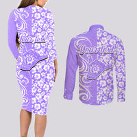 Custom Hawaii Kauai Island Couples Matching Long Sleeve Bodycon Dress and Long Sleeve Button Shirts Hibiscus Pattern Seamless Tribal Simple Purple LT03 - Polynesian Pride