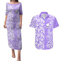 Custom Hawaii Kauai Island Couples Matching Puletasi Dress and Hawaiian Shirt Hibiscus Pattern Seamless Tribal Simple Purple LT03 Purple - Polynesian Pride