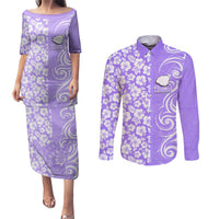 Custom Hawaii Kauai Island Couples Matching Puletasi Dress and Long Sleeve Button Shirts Hibiscus Pattern Seamless Tribal Simple Purple LT03 Purple - Polynesian Pride