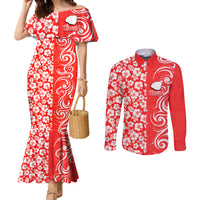 Hawaii Kauai Island Couples Matching Mermaid Dress and Long Sleeve Button Shirts Hibiscus Pattern Seamless Tribal Simple Red LT03 Red - Polynesian Pride