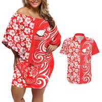 Hawaii Kauai Island Couples Matching Off Shoulder Short Dress and Hawaiian Shirt Hibiscus Pattern Seamless Tribal Simple Red LT03 Red - Polynesian Pride