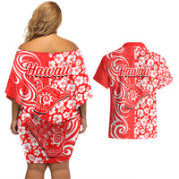 Hawaii Kauai Island Couples Matching Off Shoulder Short Dress and Hawaiian Shirt Hibiscus Pattern Seamless Tribal Simple Red LT03 - Polynesian Pride