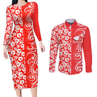 Custom Hawaii Kauai Island Couples Matching Long Sleeve Bodycon Dress and Long Sleeve Button Shirts Hibiscus Pattern Seamless Tribal Simple Red LT03 Red - Polynesian Pride