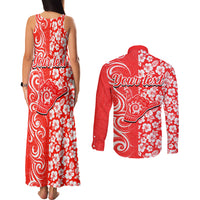 Custom Hawaii Kauai Island Couples Matching Tank Maxi Dress and Long Sleeve Button Shirts Hibiscus Pattern Seamless Tribal Simple Red LT03 - Polynesian Pride