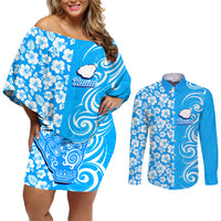 Hawaii Kauai Island Couples Matching Off Shoulder Short Dress and Long Sleeve Button Shirts Hibiscus Pattern Seamless Tribal Simple Blue LT03 Blue - Polynesian Pride