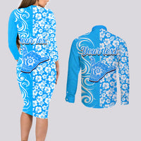 Custom Hawaii Kauai Island Couples Matching Long Sleeve Bodycon Dress and Long Sleeve Button Shirts Hibiscus Pattern Seamless Tribal Simple Blue LT03 - Polynesian Pride