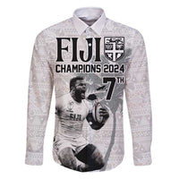 Custom Fiji Rugby Pacific Champions 2024 Family Matching Off Shoulder Short Dress and Hawaiian Shirt Anniversary 7 Titles - Fijians Rugby and Tapa Hibiscus White Art