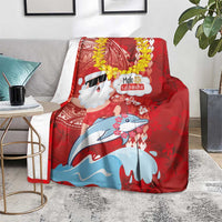 Hawaiian Mele Kalikimaka Blanket Funny Santa Riding Lei Dolphin with Kakau Tattoos - Polynesian Pride