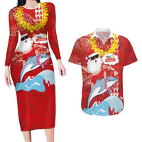 Hawaiian Mele Kalikimaka Couples Matching Long Sleeve Bodycon Dress and Hawaiian Shirt Funny Santa Riding Lei Dolphin with Kakau Tattoos - Polynesian Pride
