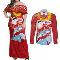 Hawaiian Mele Kalikimaka Couples Matching Off Shoulder Maxi Dress and Long Sleeve Button Shirt Funny Santa Riding Lei Dolphin with Kakau Tattoos - Polynesian Pride
