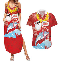 Hawaiian Mele Kalikimaka Couples Matching Summer Maxi Dress and Hawaiian Shirt Funny Santa Riding Lei Dolphin with Kakau Tattoos - Polynesian Pride