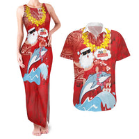 Hawaiian Mele Kalikimaka Couples Matching Tank Maxi Dress and Hawaiian Shirt Funny Santa Riding Lei Dolphin with Kakau Tattoos - Polynesian Pride