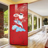 Hawaiian Mele Kalikimaka Door Cover Funny Santa Riding Lei Dolphin with Kakau Tattoos - Polynesian Pride