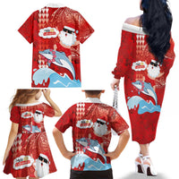 Hawaiian Mele Kalikimaka Family Matching Off The Shoulder Long Sleeve Dress and Hawaiian Shirt Funny Santa Riding Lei Dolphin with Kakau Tattoos - Polynesian Pride