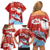 Hawaiian Mele Kalikimaka Family Matching Off Shoulder Short Dress and Hawaiian Shirt Funny Santa Riding Lei Dolphin with Kakau Tattoos - Polynesian Pride