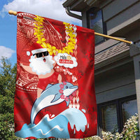 Hawaiian Mele Kalikimaka Garden Flag Funny Santa Riding Lei Dolphin with Kakau Tattoos - Polynesian Pride