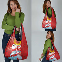 Hawaiian Mele Kalikimaka Grocery Bag Funny Santa Riding Lei Dolphin with Kakau Tattoos - Polynesian Pride