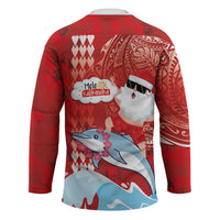 Hawaiian Mele Kalikimaka Hockey Jersey Funny Santa Riding Lei Dolphin with Kakau Tattoos - Polynesian Pride