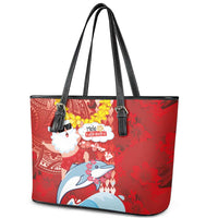 Hawaiian Mele Kalikimaka Leather Tote Bag Funny Santa Riding Lei Dolphin with Kakau Tattoos - Polynesian Pride