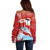 Hawaiian Mele Kalikimaka Off Shoulder Sweater Funny Santa Riding Lei Dolphin with Kakau Tattoos - Polynesian Pride