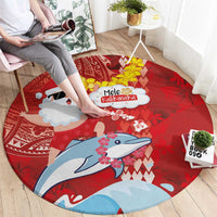 Hawaiian Mele Kalikimaka Round Carpet Funny Santa Riding Lei Dolphin with Kakau Tattoos - Polynesian Pride