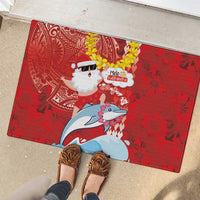 Hawaiian Mele Kalikimaka Rubber Doormat Funny Santa Riding Lei Dolphin with Kakau Tattoos - Polynesian Pride