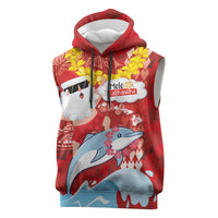 Hawaiian Mele Kalikimaka Sleeveless Hoodie Funny Santa Riding Lei Dolphin with Kakau Tattoos - Polynesian Pride