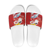 Hawaiian Mele Kalikimaka Slide Sandals Funny Santa Riding Lei Dolphin with Kakau Tattoos LT03 Red - Polynesian Pride