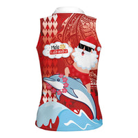 Hawaiian Mele Kalikimaka Women Sleeveless Polo Shirt Funny Santa Riding Lei Dolphin with Kakau Tattoos - Polynesian Pride