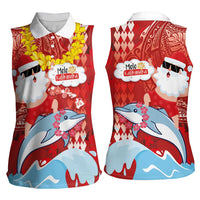 Hawaiian Mele Kalikimaka Women Sleeveless Polo Shirt Funny Santa Riding Lei Dolphin with Kakau Tattoos - Polynesian Pride