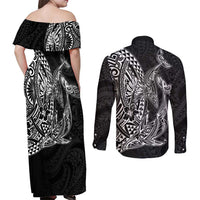 Hawaiian Whales Polynesian Art Motifs Couples Matching Off Shoulder Maxi Dress and Long Sleeve Button Shirt Black Color - Polynesian Pride