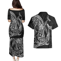 Hawaiian Whales Polynesian Art Motifs Couples Matching Puletasi and Hawaiian Shirt Black Color - Polynesian Pride
