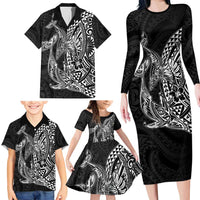 Hawaiian Whales Polynesian Art Motifs Family Matching Long Sleeve Bodycon Dress and Hawaiian Shirt Black Color LT03 - Polynesian Pride