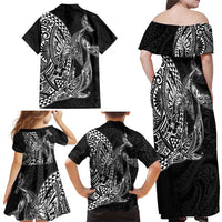 Hawaiian Whales Polynesian Art Motifs Family Matching Off Shoulder Maxi Dress and Hawaiian Shirt Black Color - Polynesian Pride