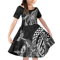 Hawaiian Whales Polynesian Art Motifs Family Matching Off Shoulder Short Dress and Hawaiian Shirt Black Color - Polynesian Pride