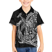 Hawaiian Whales Polynesian Art Motifs Family Matching Off Shoulder Short Dress and Hawaiian Shirt Black Color - Polynesian Pride