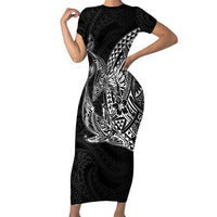 Hawaiian Whales Polynesian Art Motifs Family Matching Short Sleeve Bodycon Dress and Hawaiian Shirt Black Color - Polynesian Pride