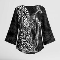 Hawaiian Whales Polynesian Art Motifs Kimono Sleeve Blouse Black Color - Polynesian Pride