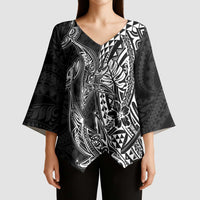 Hawaiian Whales Polynesian Art Motifs Kimono Sleeve Blouse Black Color - Polynesian Pride
