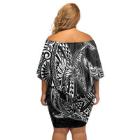 Hawaiian Whales Polynesian Art Motifs Off Shoulder Short Dress Black Color - Polynesian Pride