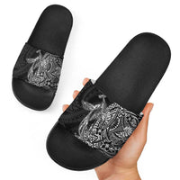 Hawaiian Whales Polynesian Art Motifs Slide Sandals Black Color - Polynesian Pride