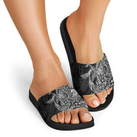 Hawaiian Whales Polynesian Art Motifs Slide Sandals Black Color - Polynesian Pride