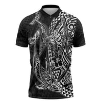 Hawaiian Whales Polynesian Art Motifs Zipper Polo Shirt Black Color - Polynesian Pride