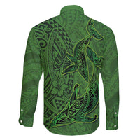 Hawaiian Whales Polynesian Art Motifs Family Matching Long Sleeve Bodycon Dress and Hawaiian Shirt Green Color LT03 - Polynesian Pride