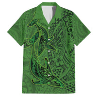 Hawaiian Whales Polynesian Art Motifs Family Matching Off The Shoulder Long Sleeve Dress and Hawaiian Shirt Green Color - Polynesian Pride