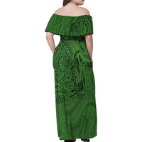Hawaiian Whales Polynesian Art Motifs Family Matching Off Shoulder Maxi Dress and Hawaiian Shirt Green Color - Polynesian Pride