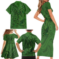 Hawaiian Whales Polynesian Art Motifs Family Matching Short Sleeve Bodycon Dress and Hawaiian Shirt Green Color - Polynesian Pride